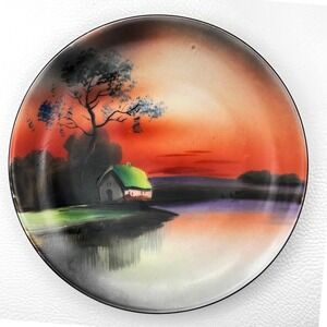 1920s Noritake Hand Painted Landscape Cottage Sunset Plate M Wreath Mark 6.25"